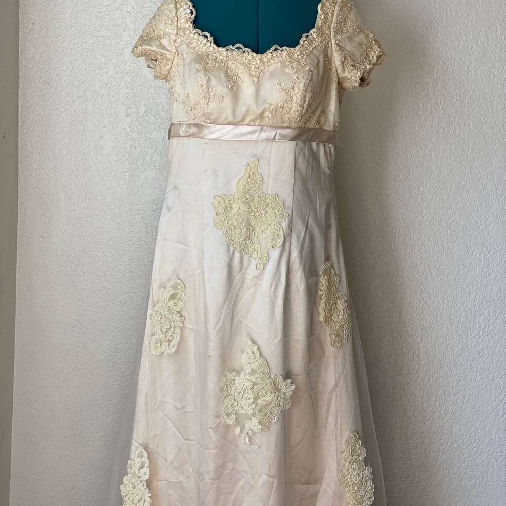 SOLD Champagne Gold Long Satin Pearl Wedding Dress - Picture 3 of 8